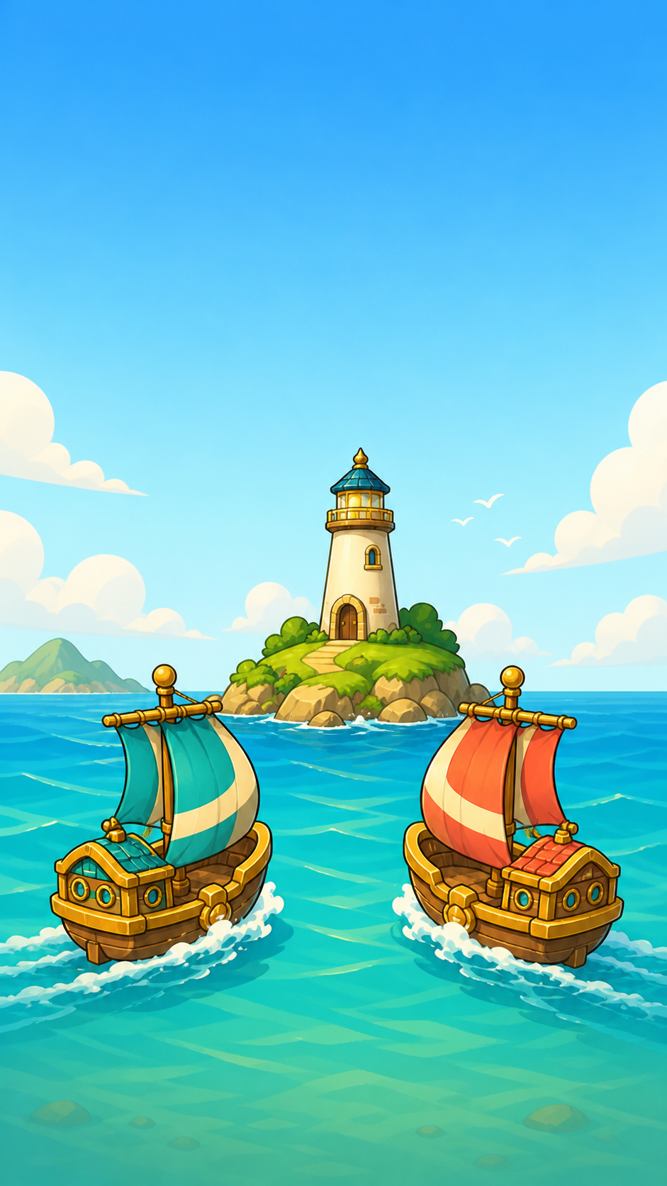 Two colorful Fleet ships sailing toward a lighthouse