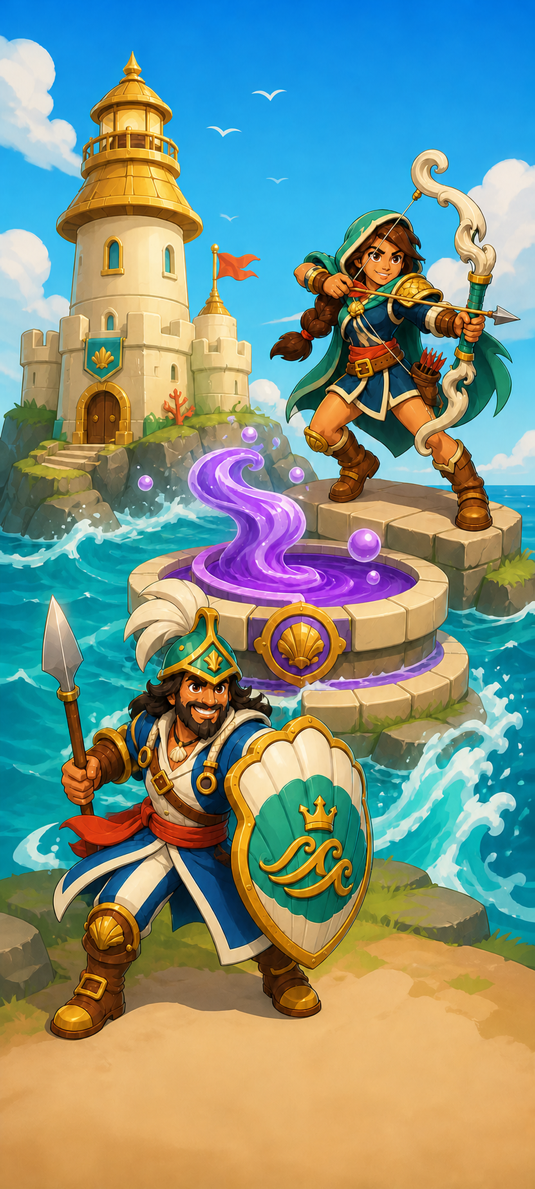 A Tower Tide archer and shield captain at a magical island harbor
